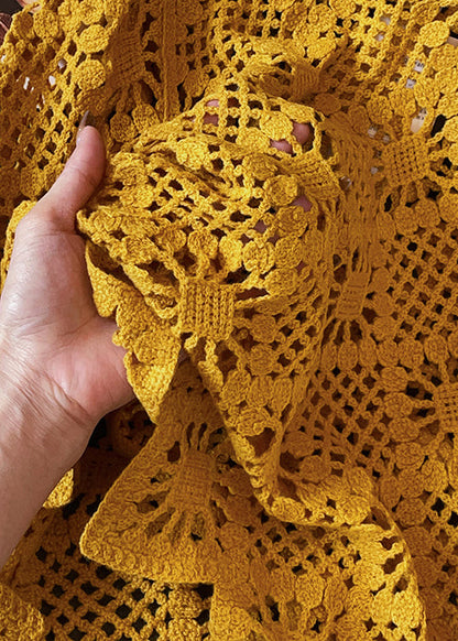 Art Yellow Hollow Out Cozy Knit Sweater Flare Sleeve