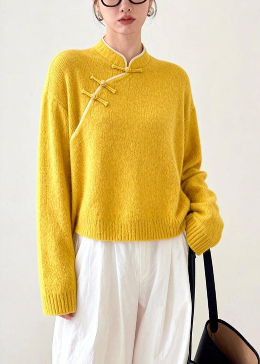 Art Yellow Mandarin Collar Chinese Button Knitted Tops Winter