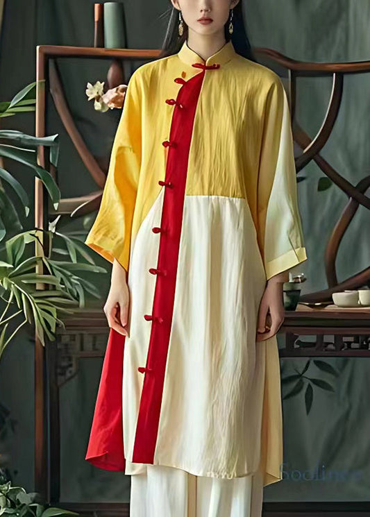 Art Yellow Mandarin Collar Patchwork Linen Oriental Dress Summer