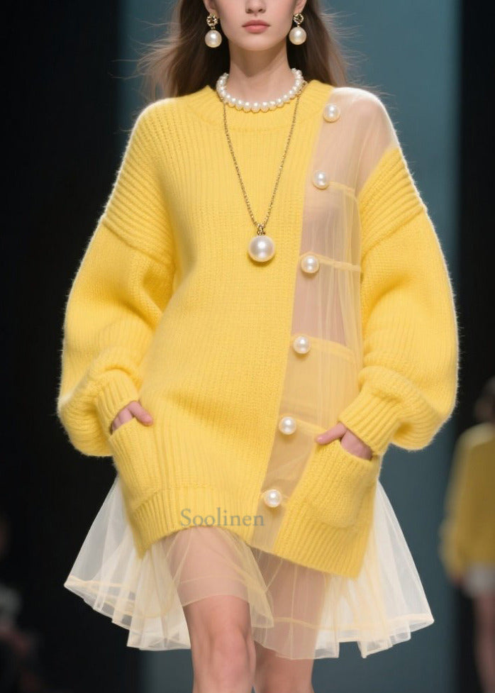 Art Yellow Pearl Patchwork Tulle Mid Knit Dress Winter