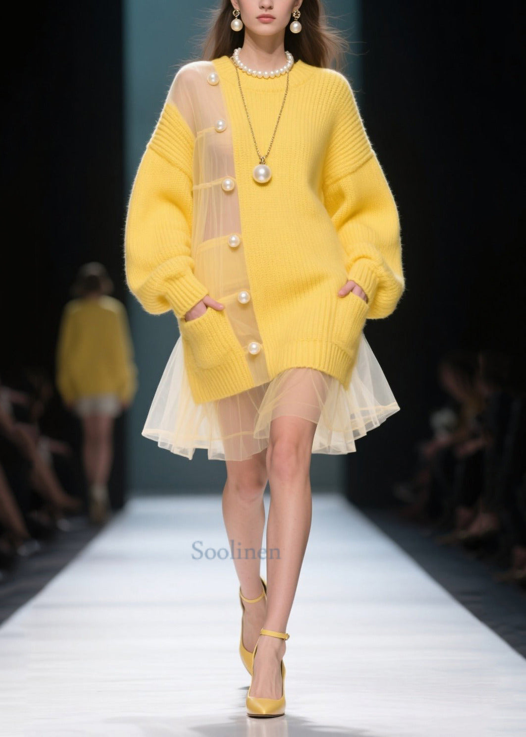 Art Yellow Pearl Patchwork Tulle Mid Knit Dress Winter