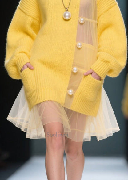 Art Yellow Pearl Patchwork Tulle Mid Knit Dress Winter