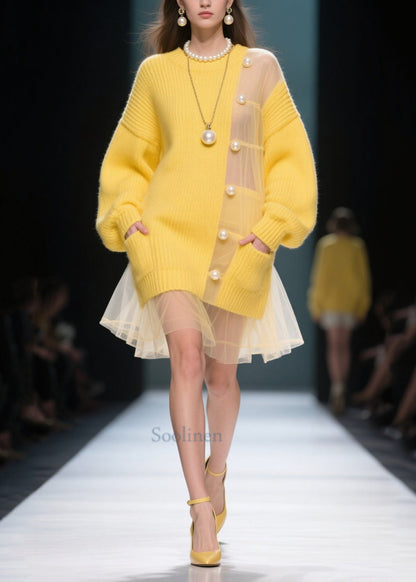 Art Yellow Pearl Patchwork Tulle Mid Knit Dress Winter