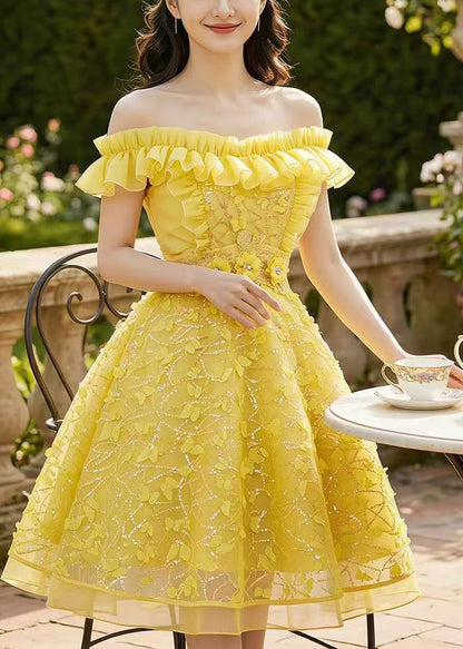 Art Yellow Ruffled Butterfly Tulle Vacation Dress Summer