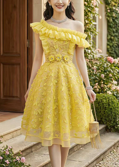 Art Yellow Ruffled Butterfly Tulle Vacation Dress Summer
