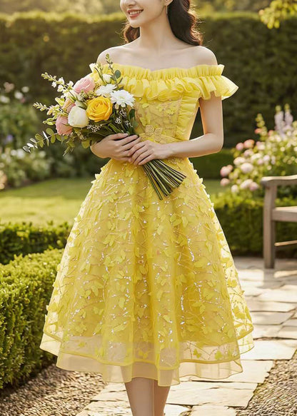 Art Yellow Ruffled Butterfly Tulle Vacation Dress Summer