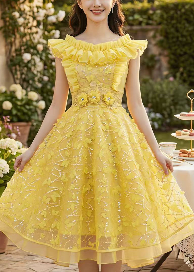 Art Yellow Ruffled Butterfly Tulle Vacation Dress Summer