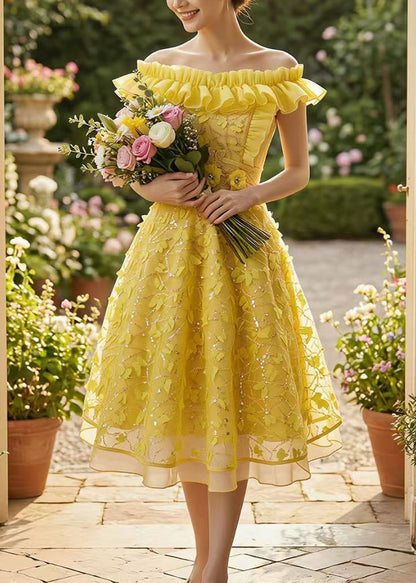 Art Yellow Ruffled Butterfly Tulle Vacation Dress Summer