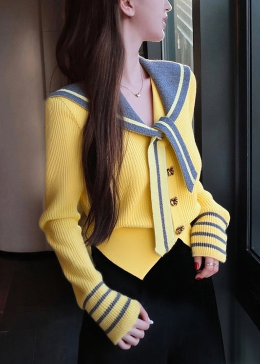 Art Yellow Sailor Collar Button Patchwork Knit Coat Winter