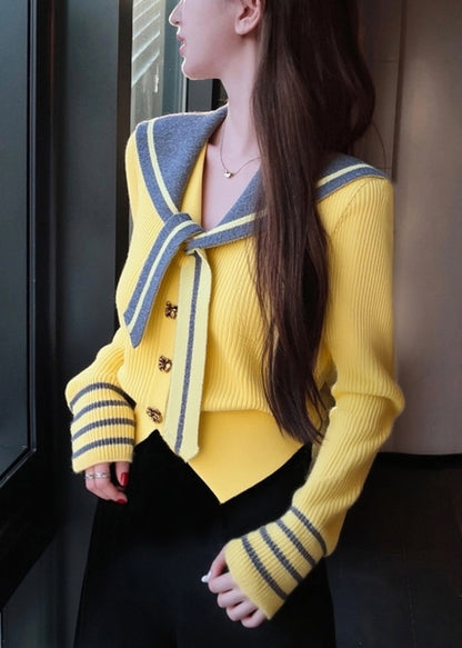 Art Yellow Sailor Collar Button Patchwork Knit Coat Winter