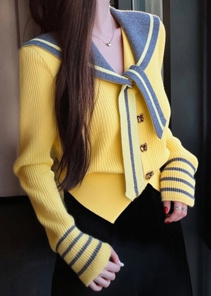 Art Yellow Sailor Collar Button Patchwork Knit Coat Winter