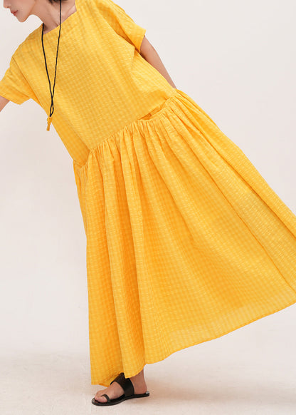 Art Yellow Square Collar With Pockets Cotton Holiday Dress Summer