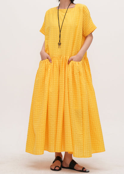 Art Yellow Square Collar With Pockets Cotton Holiday Dress Summer