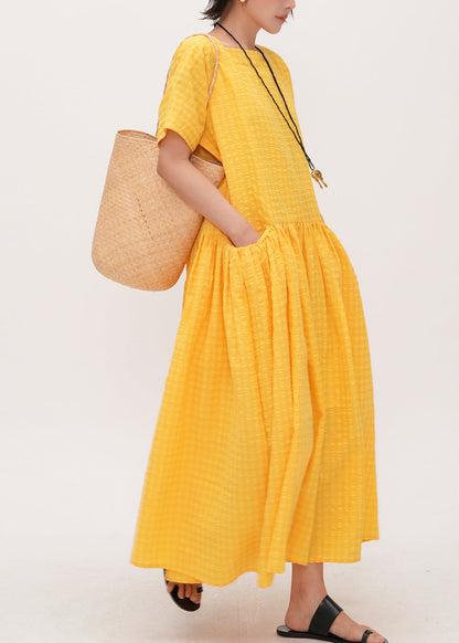 Art Yellow Square Collar With Pockets Cotton Holiday Dress Summer
