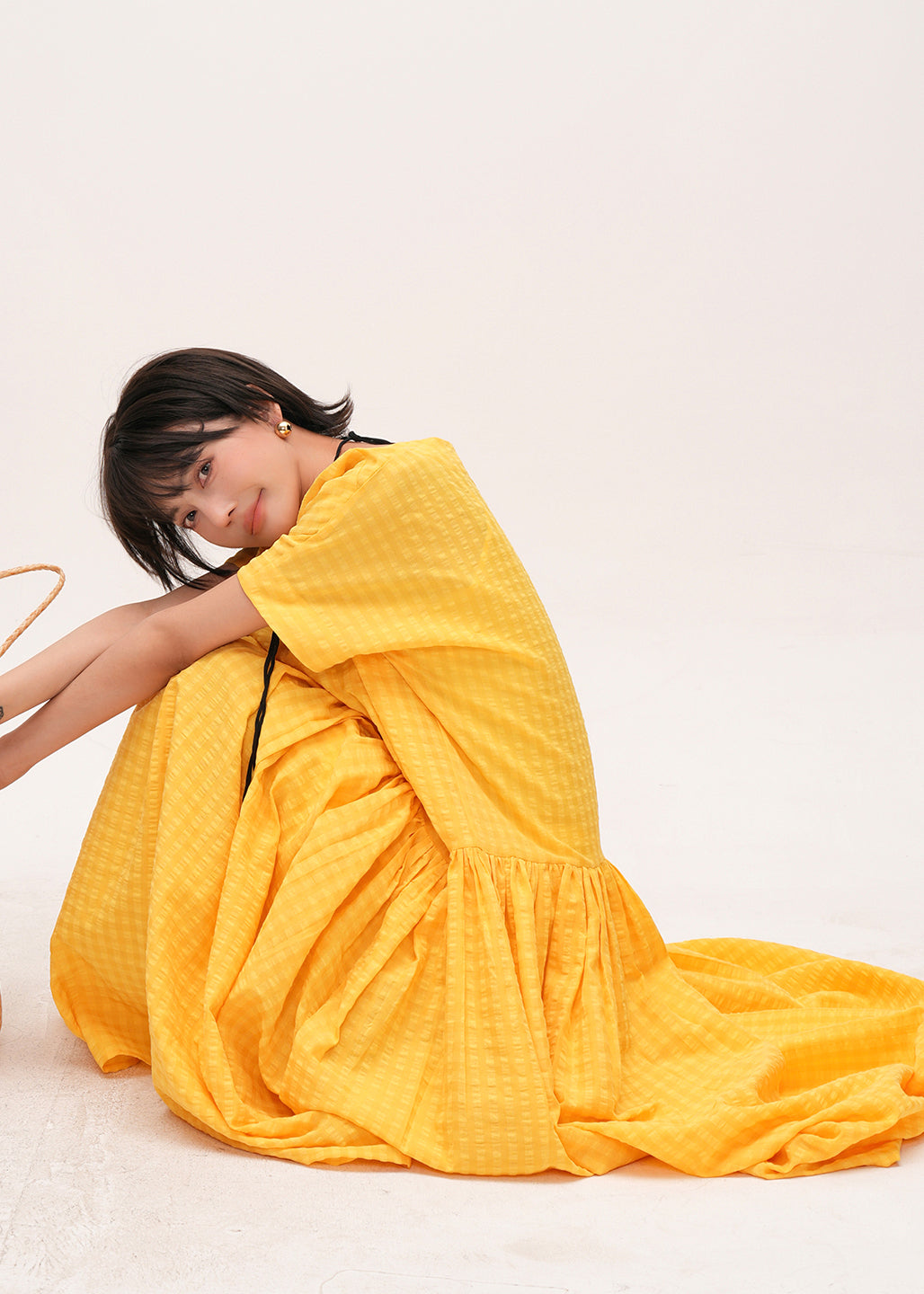 Art Yellow Square Collar With Pockets Cotton Holiday Dress Summer