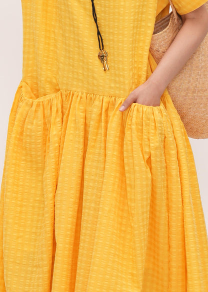 Art Yellow Square Collar With Pockets Cotton Holiday Dress Summer