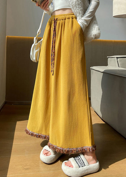 Art Yellow Tasseled Elastic Waist Corduroy Crop Pants Fall