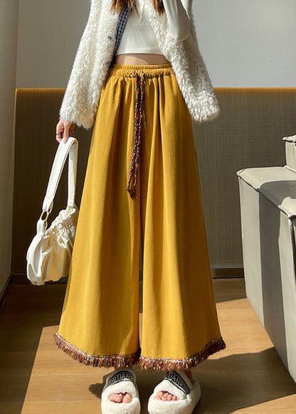 Art Yellow Tasseled Elastic Waist Corduroy Crop Pants Fall