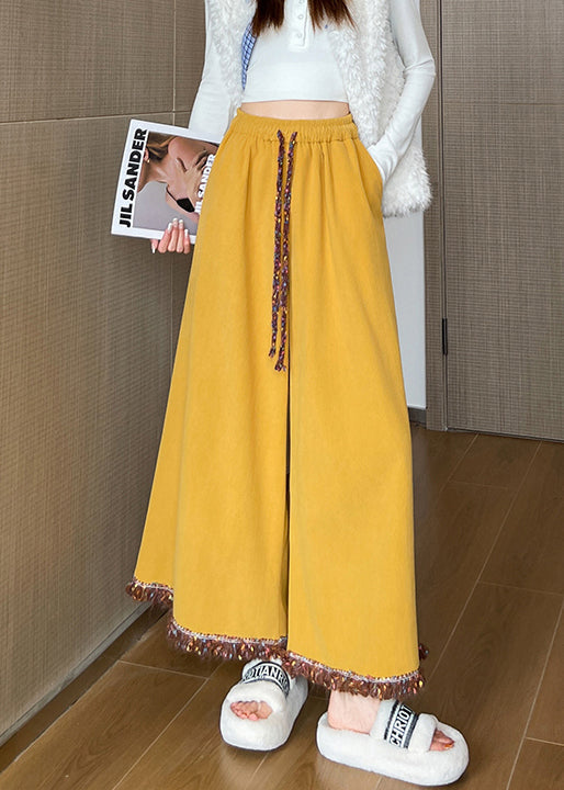Art Yellow Tasseled Elastic Waist Corduroy Crop Pants Fall