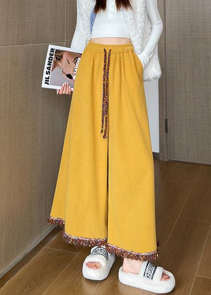 Art Yellow Tasseled Elastic Waist Corduroy Crop Pants Fall