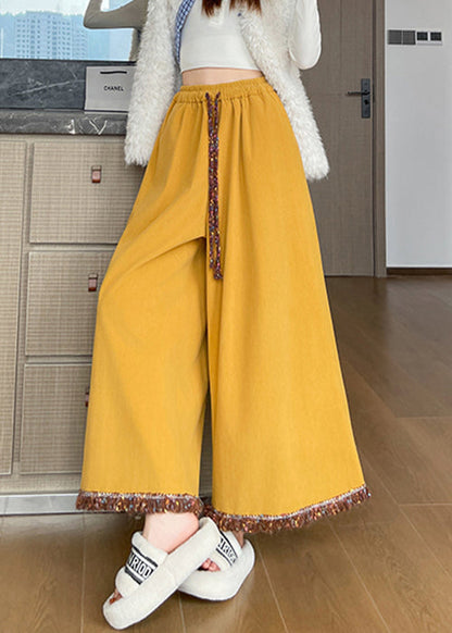 Art Yellow Tasseled Elastic Waist Corduroy Crop Pants Fall