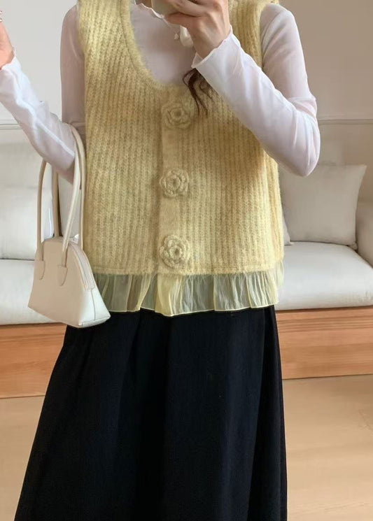 Art Yellow V Neck Floral Knit Vest Tops Spring