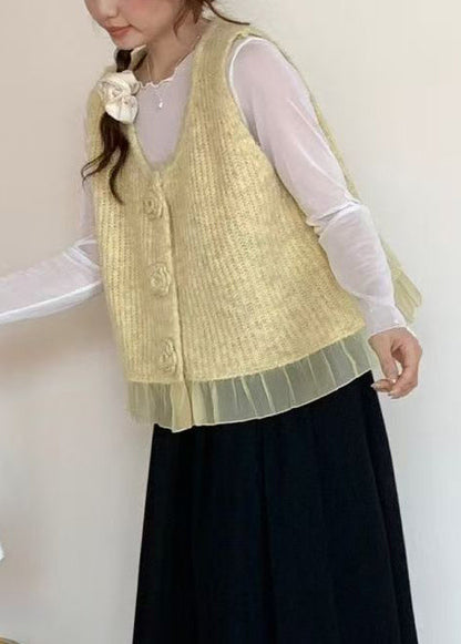 Art Yellow V Neck Floral Knit Vest Tops Spring