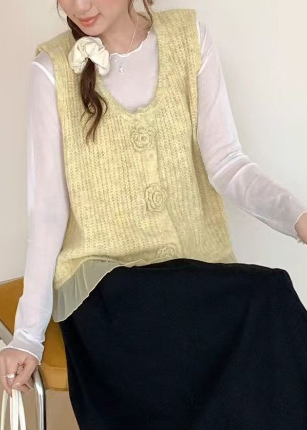 Art Yellow V Neck Floral Knit Vest Tops Spring