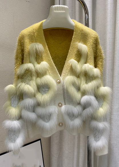 Art Yellow V Neck Patchwork Button Cotton Knit Cardigan Winter