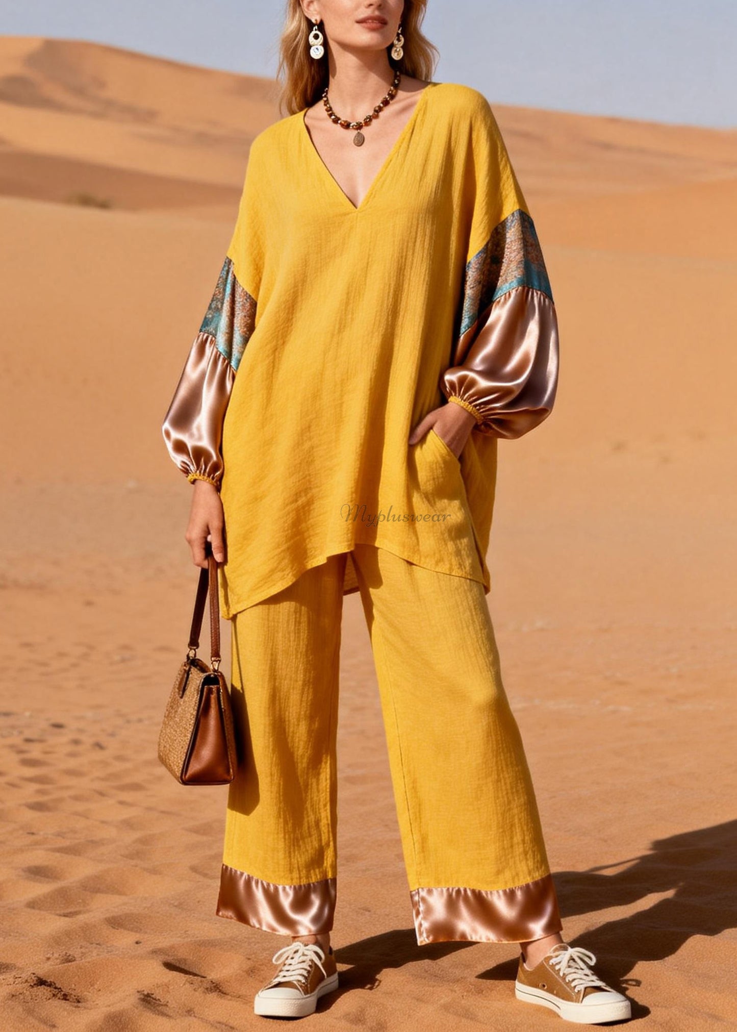 Art Yellow V Neck Patchwork Linen Silk Two Piece Set Spring
