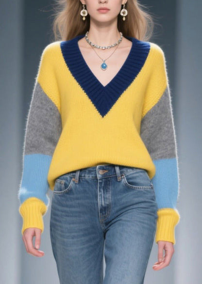 Art Yellow V Neck Patchwork Sweaters Winter