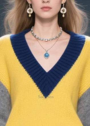 Art Yellow V Neck Patchwork Sweaters Winter