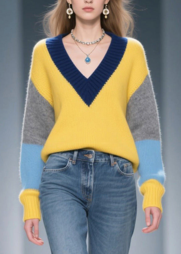 Art Yellow V Neck Patchwork Sweaters Winter