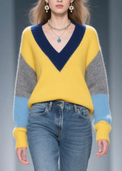 Art Yellow V Neck Patchwork Sweaters Winter