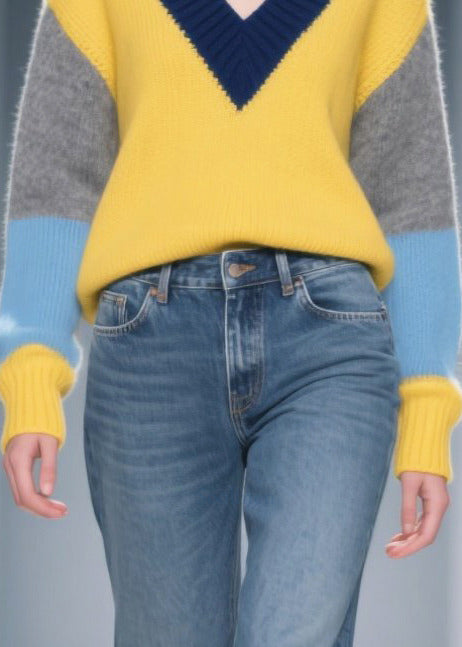 Art Yellow V Neck Patchwork Sweaters Winter