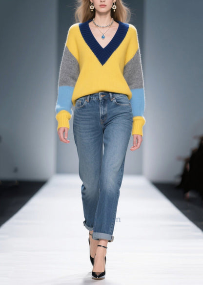 Art Yellow V Neck Patchwork Sweaters Winter