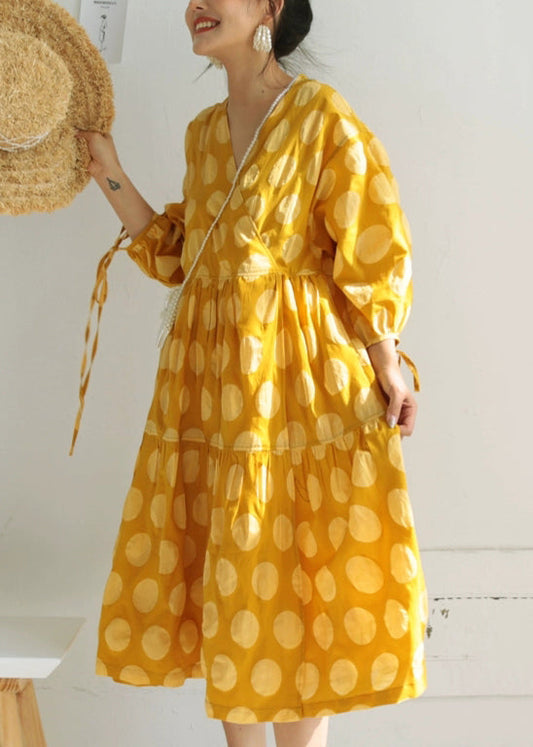 Art Yellow V Neck Print Lace Up Cotton Long Dresses Bracelet Sleeve