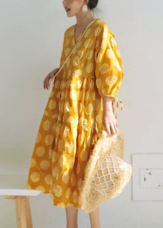 Art Yellow V Neck Print Lace Up Cotton Long Dresses Bracelet Sleeve