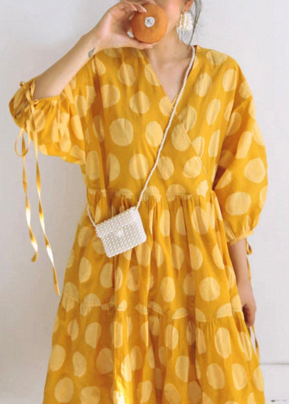 Art Yellow V Neck Print Lace Up Cotton Long Dresses Bracelet Sleeve