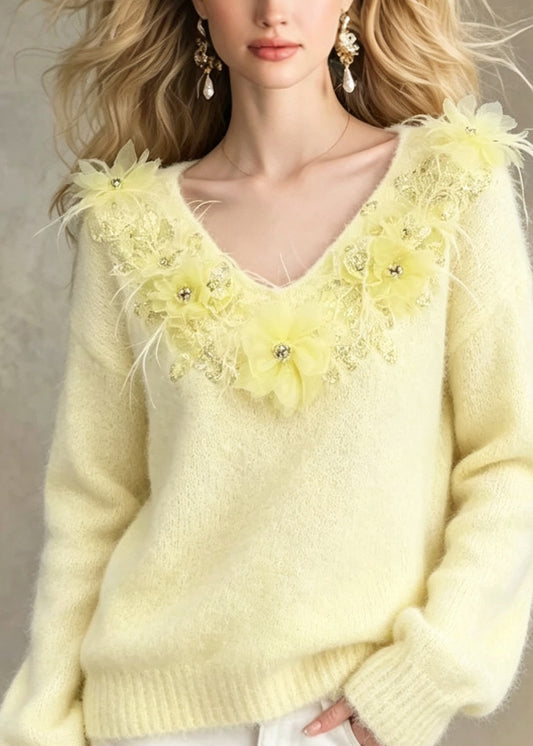 Art Yellow V Neck Thick Floral Knit Short Sweater Fall