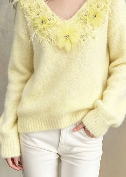 Art Yellow V Neck Thick Floral Knit Short Sweater Fall