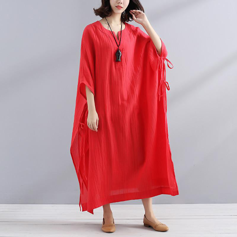 Art linen clothes For Women Vintage Summer V Neck Slit Loose Casual Red Dress