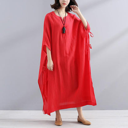 Art linen clothes For Women Vintage Summer V Neck Slit Loose Casual Red Dress