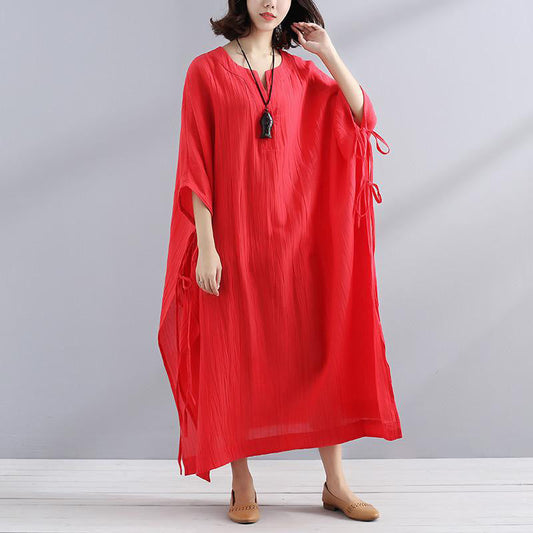 Art linen clothes For Women Vintage Summer V Neck Slit Loose Casual Red Dress