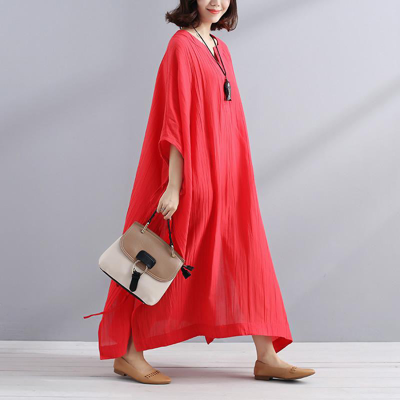 Art linen clothes For Women Vintage Summer V Neck Slit Loose Casual Red Dress