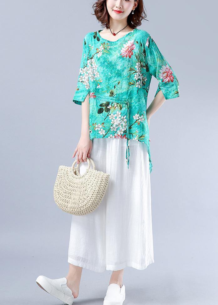 Art o neck asymmetric tunic pattern green Plant printing Dresses blouses - SooLinen