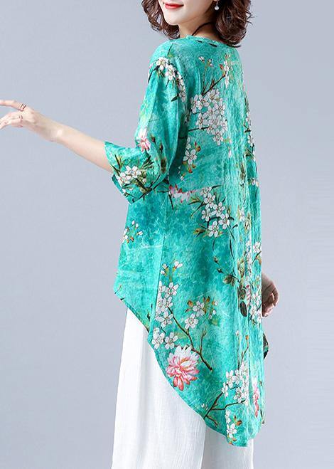 Art o neck asymmetric tunic pattern green Plant printing Dresses blouses - SooLinen