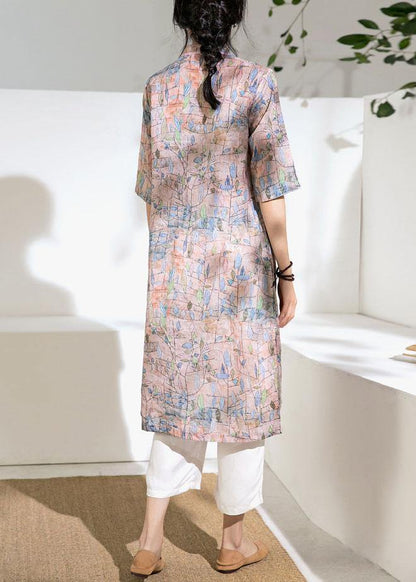 Art stand collar half sleeve linen clothes For Women Work pink print Dress - SooLinen