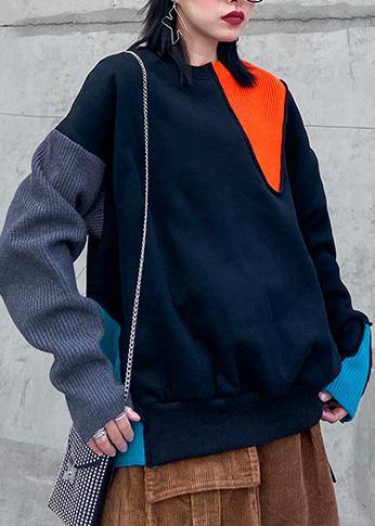 Art thick cotton patchwork color clothes Sewing black tops - SooLinen