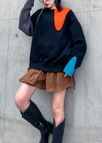 Art thick cotton patchwork color clothes Sewing black tops - SooLinen